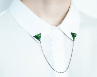 Triangle collar pins, shirt accessories, green brooch, collar chain
