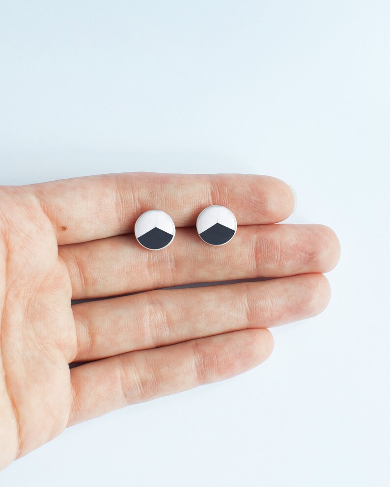 Black white stud earrings geometric post earrings hypoallergenic studs casual stud earrings surgical steel image 6