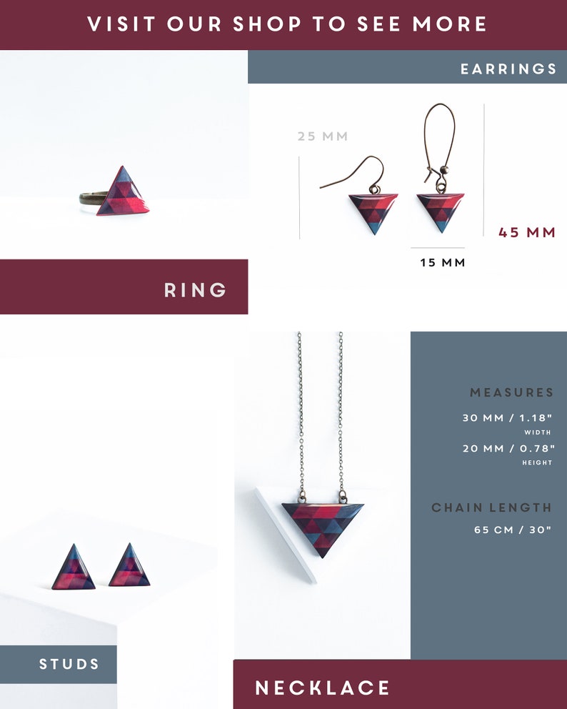 K&ouml;nnte beinhalten: Ein Set geometrischer Dreieckschmuck in Rot-, Blau- und Schwarzt&ouml;nen. Das Set beinhaltet einen Ring, ein Paar Ohrringe, eine Halskette und ein Paar Ohrstecker. Die Halskette ist 65 cm / 30 Zoll lang. Die Ohrringe sind 4,5 cm / 1,77 Zoll lang und 1,5 cm / 0,59 Zoll breit. Der Ring ist 2,5 cm / 0,98 Zoll breit.
