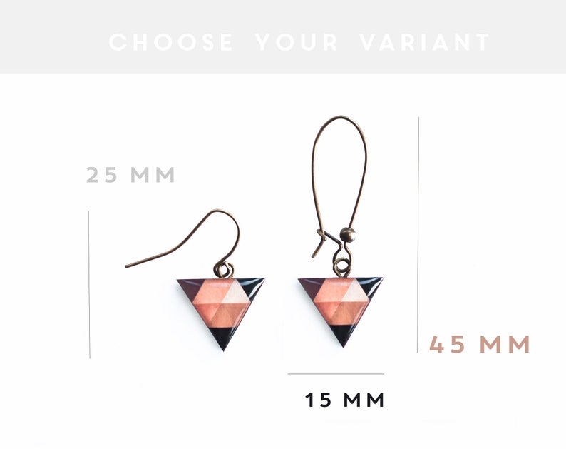 May include: Two pairs of geometric triangle earrings with a black, pink, and brown pattern. The smaller earrings are 2.5 cm long and the larger earrings are 4.5 cm long.