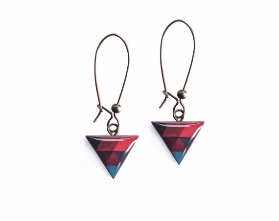 Red triangle earrings, triangle jewelry, small dangle earrings handmade