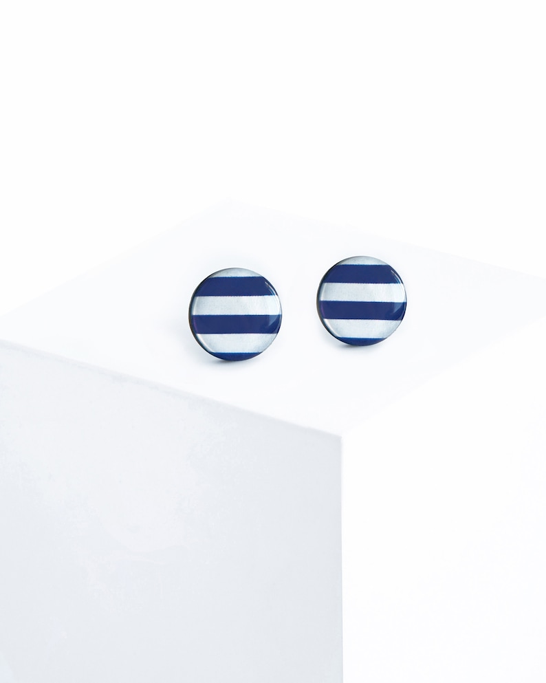 White blue stud earrings Navy jewelry Surgical steel striped earrings nautical Breton stripes image 1