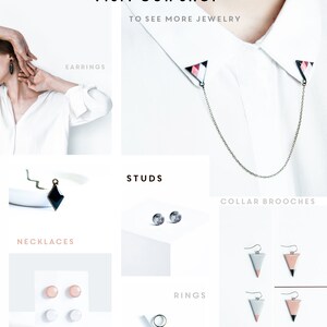 May include: A collage showcasing various jewelry pieces. Includes earrings, studs, necklaces, rings, and collar brooches. The image features geometric designs in black, pink, and silver tones. Text reads "PLEASE VISIT OUR SHOP TO SEE MORE JEWELRY."