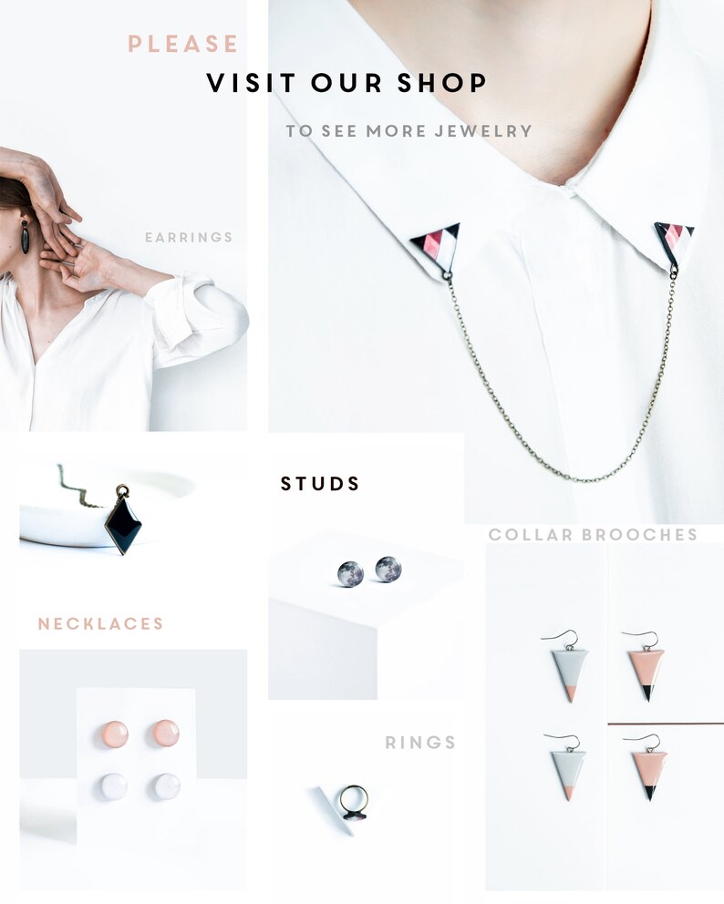 May include: A collage showcasing various jewelry pieces. Includes earrings, studs, necklaces, rings, and collar brooches. The image features geometric designs in black, pink, and silver tones. Text reads "PLEASE VISIT OUR SHOP TO SEE MORE JEWELRY."