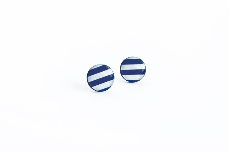 White blue stud earrings Navy jewelry Surgical steel striped earrings nautical Breton stripes image 2