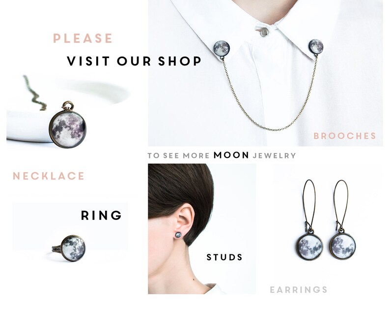 May include: An assortment of moon-themed jewelry, including a necklace, brooches, ring, studs, and earrings. The jewelry features a circular design with a detailed moon image. The text "PLEASE VISIT OUR SHOP" is also visible.