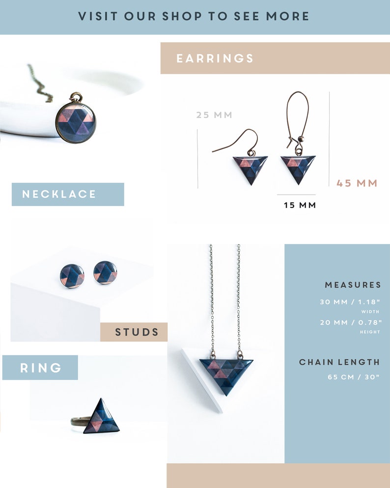 Puede incluir: Un conjunto de joyas geom&eacute;tricas que incluye un collar, pendientes, tachuelas y un anillo. Las joyas est&aacute;n hechas de resina azul oscuro y rosa con forma de tri&aacute;ngulo. El collar mide 65 cm / 30 pulgadas de largo. Los pendientes miden 25 mm / 1 pulgada de largo y 15 mm / 0,6 pulgadas de ancho. Las tachuelas miden 30 mm / 1,18 pulgadas de ancho y 20 mm / 0,78 pulgadas de alto.