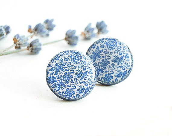 Blue floral earrings, large stud earrings floral jewelry surgical steel stud earrings large post earrings große ohrstecker