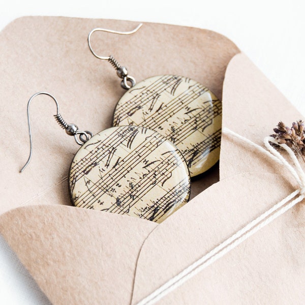 Music earrings, sheet music jewelry, notes earrings