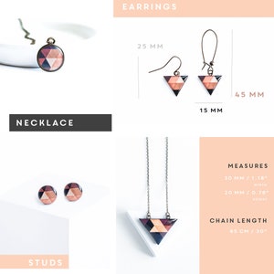 May include: A selection of geometric jewelry, including a pendant necklace, stud earrings, and triangle drop earrings. The earrings are 45 mm in height and 15 mm wide. The necklace chain is 30 inches long. The jewelry features a color palette of pink, brown, and black.