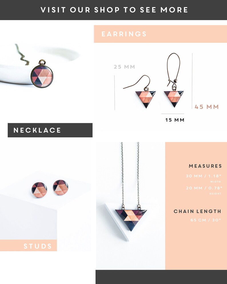 May include: A selection of geometric jewelry, including a pendant necklace, stud earrings, and triangle drop earrings. The earrings are 45 mm in height and 15 mm wide. The necklace chain is 30 inches long. The jewelry features a color palette of pink, brown, and black.