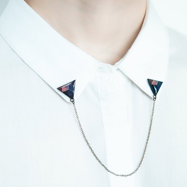 Navy blue triangle collar brooches, collar chain, geometric brooch, unique gift for her