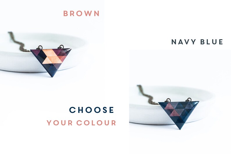 May include: Geometric triangle pendant necklace in brown and navy blue color options. The pendant features a mosaic design with various shades of brown, pink, and navy blue. The necklace is displayed on a white dish.