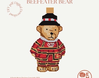Oso Beefeater de Harrods Knightsbridge - Pinta tu propio lienzo de bordado - Gráfico en PDF con descarga digital instantánea