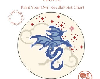 Dragón romántico en las nubes: pinta tu propio lienzo de bordado. Descarga digital instantánea en formato PDF.