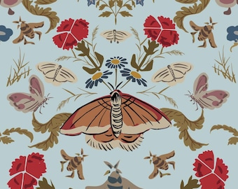 Korean Folk Art Fabric by the Yard, Minhwa Moth Bee Mirrored Floral, Antique Gold Wallpaper, Asian Botanical Fabric, Home Decor Fabric