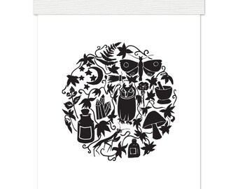 Dark Witchy Vibes Poster with Magnetic Wood Hanger | Goth Owl Moth Mushroom Wall Art | Cottagecore Witch Aesthetic Print