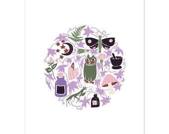 Dark Witchy Vibes Poster with Magnetic Wood Hanger | Goth Owl Moth Mushroom Wall Art | Cottagecore Witch Aesthetic Print