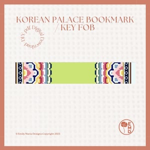 May include: A digital download design for a Korean Palace bookmark or key fob. The design features a central light green rectangle with colorful geometric patterns in pink, blue, yellow, and black on each end. The text "KOREAN PALACE BOOKMARK / KEY FOB" is at the top.