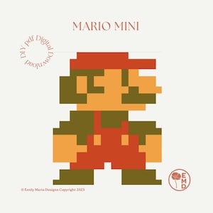 May include: Pixelated illustration of Mario in a red hat and overalls, with a tan background. The text "MARIO MINI" is at the top, and "DIY Digital Download" is in a circular design on the left. The image includes the copyright information.