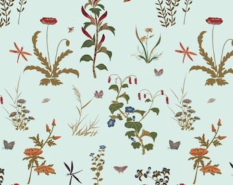 Vintage Korean Botanical Fabric by the Yard, Minhwa Folk Art Wallpaper, Celadon Floral Print, Asian Botanical Fabric, Home Decor Fabric