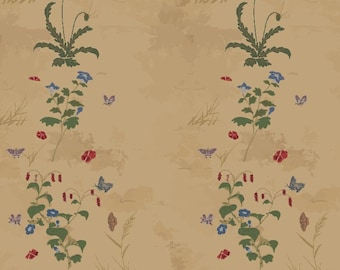 Vintage Korean Fabric by the Yard  Korean Botanical Folk Art Antique Gold Wildflower Print