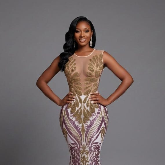 Gigi Gold Rhinestone Multicolored Sequin Mermaid Gown, Illusion Neckline Evening  Dress - Etsy Israel