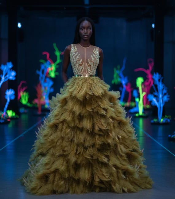 Couture Feather Ball Gown, Beaded Illusion Bodice, Luxury Evening Dress