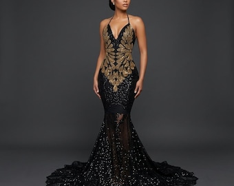 Black Amani Mermaid Gown, Gold Embroidered Sequin Formal Dress