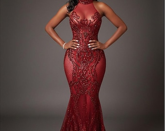 Lagoon Red Sequin Mermaid Prom Dress: Illusion High Neck Evening Gown