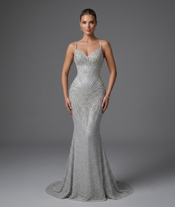 grey sequin mermaid dress Azuri Gown | Silver Sparkle Prom Dress, Custom Made modern bridal look