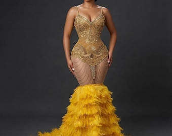Gold Feather Mermaid Gown, Rhinestone Sequin Prom Dress