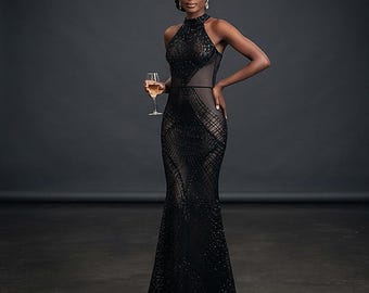 Sequin Evening Gown: Sheer Halter Neck Mermaid Formal Dress