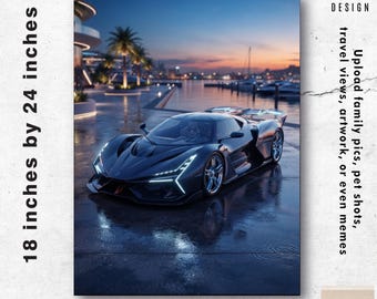 May include: A custom poster measuring 18 inches by 24 inches featuring a dark sports car parked on a wet surface at dusk. The text reads: CUSTOM POSTER, UPLOAD YOUR OWN DESIGN, Upload family pics, pet shots, travel views, artwork, or even memes, Posterprintery.