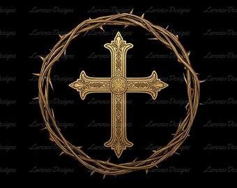 May include: A gold-colored cross with ornate detailing, centered within a circular crown of thorns. The design is set against a black background. The text "Lorenzo Designs" is repeated around the image.