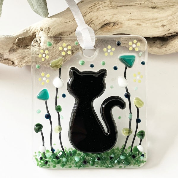 Fused Glass Black Cat Sun Catcher with Flowers, Black Cat Flowers Hanging Ornament, Gift for Cat Lovers, 7cm x 6cm small