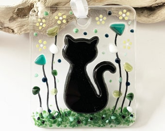 Fused Glass Black Cat Sun Catcher with Flowers, Black Cat Flowers Hanging Ornament, Gift for Cat Lovers, 7cm x 6cm small