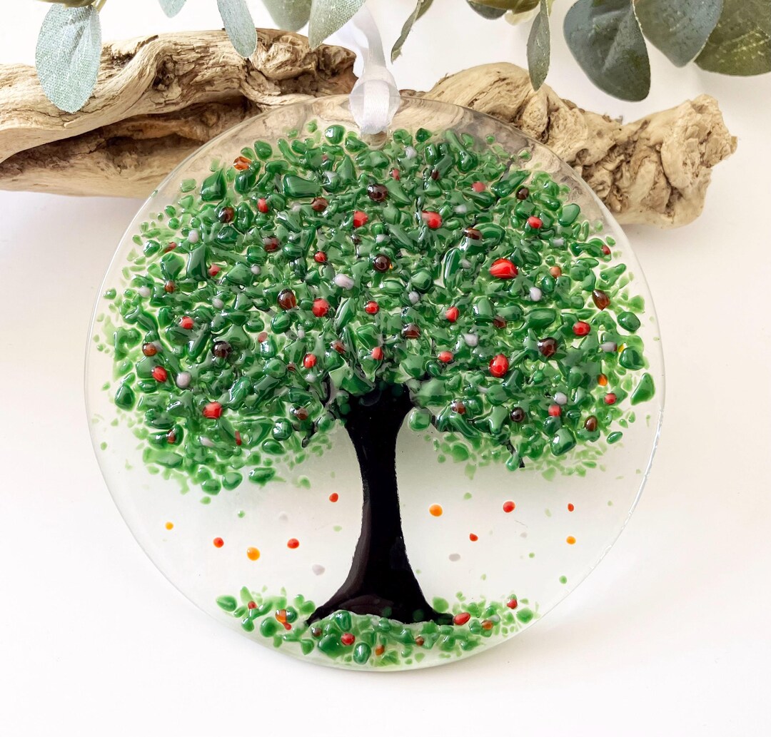 Fused Glass Tree of Life Round Sun Catcher, Green Tree Glass Hanging ...