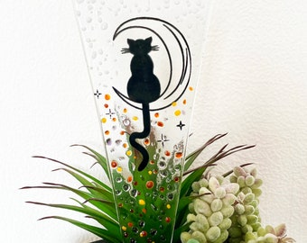 Fused Glass Black Cat & Moon Plant Stake, Flower Pot Decoration, Indoor Plant Stake, Gift for her, 19cm