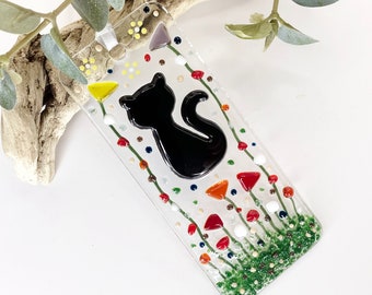 Fused Glass Black Cat and Flowers Sun Catcher, Black Cat Glass Window Hanging Ornament, Handmade Gift for Cat Lovers, 12cm