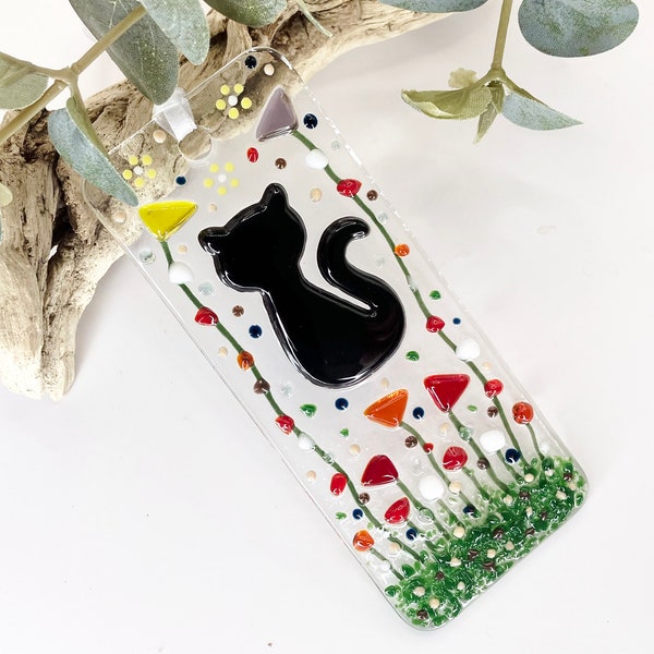 Fused Glass Black Cat and Flowers Sun Catcher, Black Cat Glass Window Hanging Ornament, Handmade Gift for Cat Lovers, 12cm