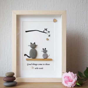 Pebble Picture Cat, Cat and Mouse Pebble Art, Gift for Cat Lovers, Good Things come to those who wait