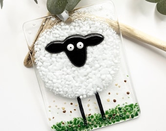 Fused Glass Sheep Sun Catcher, Sheep Glass Window Hanging Ornament, Handmade Gift for Sheep Lovers, 10cm