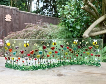 Fused Glass Flowers and Bees Wave,  Flower Meadow Window Ornament, Curved Flower Panel  - 24cm x 7cm