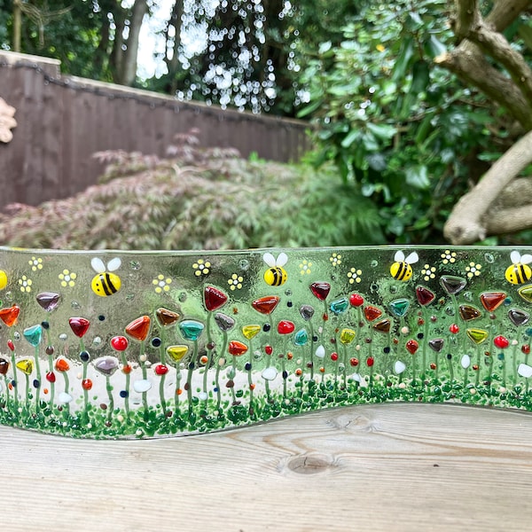 Fused Glass Flower Meadow Wave: Bees & Colorful Flowers, Window Ornament (24cm x 7cm)
