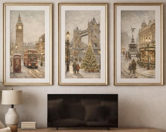 Set di stampe artistiche natalizie da parete di Londra, scena invernale vintage (download digitale)