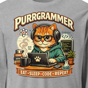 Camiseta de manga larga Purrgrammer Cat, regalo divertido para programadores, camiseta de gato para programadores, humor para nerds, geeks y desarrolladores.