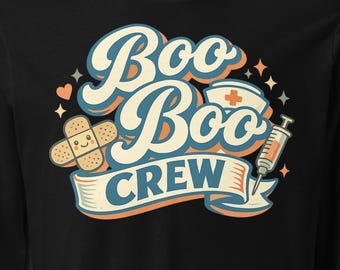 Camiseta de manga larga para enfermera Boo Boo Crew – Camiseta de enfermera titulada con humor médico