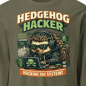 Camiseta de manga larga con diseño de erizo hacker, regalo divertido para programadores, camiseta con estampado de animales para nerds, geeks, ciberseguridad y desarrolladores de TI.