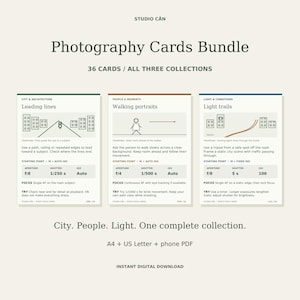 May include: A Photography Cards Bundle featuring 36 cards across three collections. The cards display instructional text, diagrams, and camera settings like aperture, shutter speed, and ISO. Text includes Studio Can, Photography Cards Bundle, City. People. Light. One complete collection, and A4 + US Letter + phone PDF.